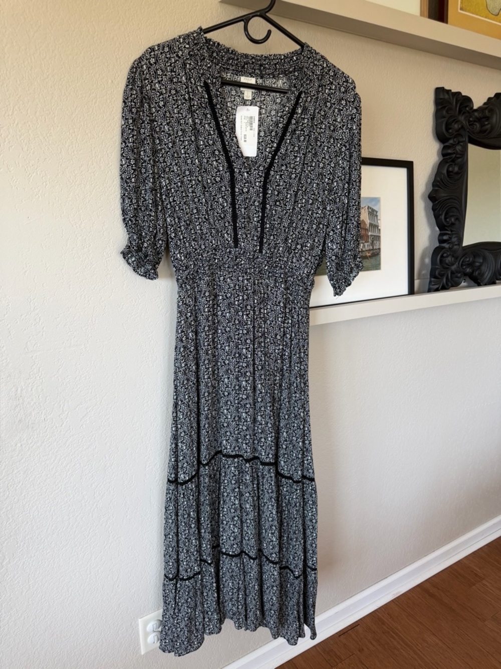 NWT Evereve | Roan + Ryan Blake Puff Sleeve Maxi Dress Black-White size Large